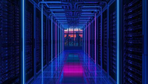 Futuristic Neon-Lit Data Center Corridor