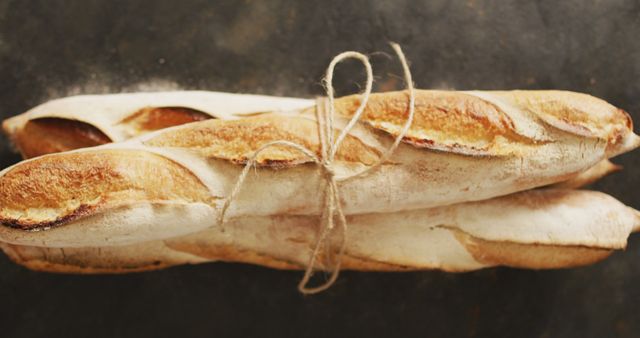 Image of baguettes tied with lace on a black surface. food, cuisine and catering ingredients.