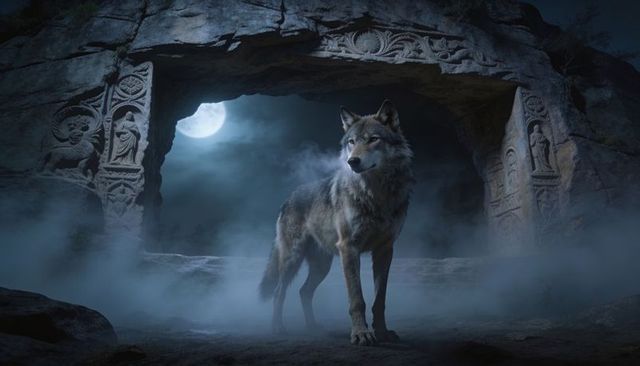 Moonlit wolf standing at carved stone archway in misty ancient ruins, nocturnal scene