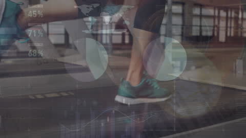 Woman Running on Treadmill with Financial Data Overlay