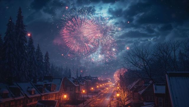 Vibrant fireworks lighting up snowy winter street