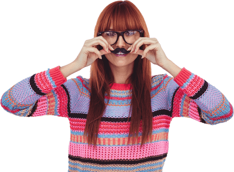 smiling hipster woman posing with fake eyeglasses mustache cutout on transparent background - Download Free Stock Videos Pikwizard.com