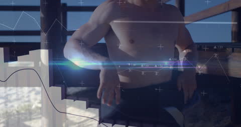 Caucasian Surfer with Overlaid Digital Data Graphics