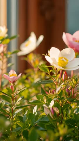 Vertical video: White blossoms and pink buds swaying on sunlit windowsill