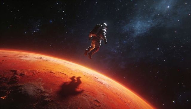 Solitary astronaut floating above red planet horizon with nebula, helmet reflection and craters