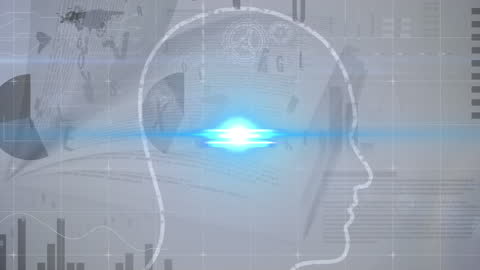 Human Profile Silhouette with Digital Data Overlays and Light Burst