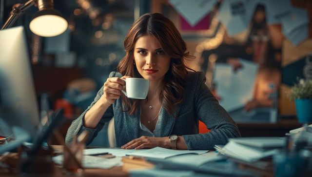 Professional Woman Organizing Documents, Drinking Coffee in Modern Office