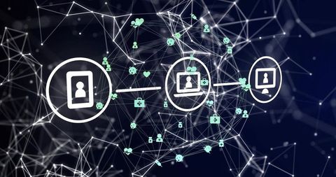 Connecting medical devices through secure digital network with glowing nodes, data icons