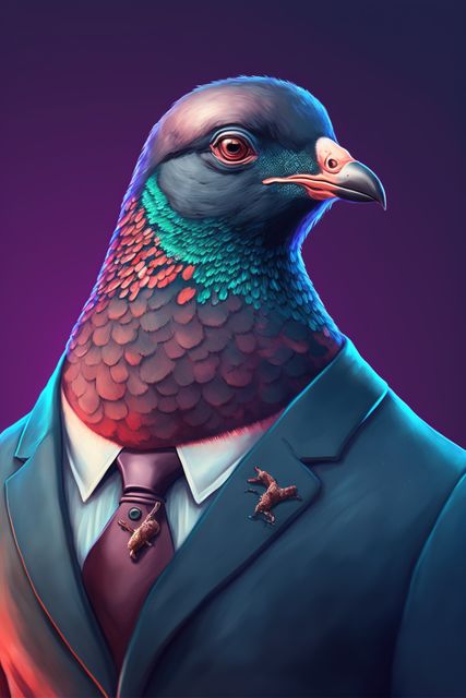 Pigeon with suit and purple tie on purple background, created using generative ai technology. Nature and style concept, digitally generated image.