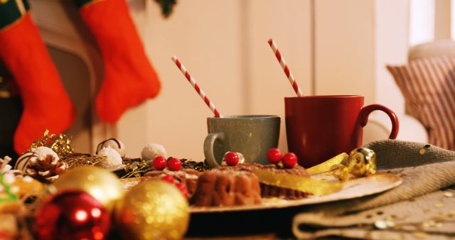 Cozy Christmas setting with mugs and holiday decorations - Download Free Stock Images Pikwizard.com