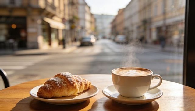 Steaming latte with latte art and powdered croissant on sunlit wooden cafe table by window