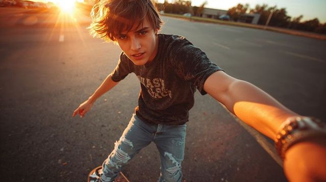 Sunset skateboarding teen leaning toward camera while holding phone in parking lot