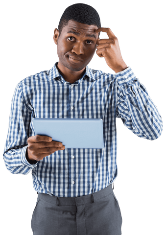 Transparent Businessman Holding Tablet with Puzzled Expression - Download Free Stock Videos Pikwizard.com