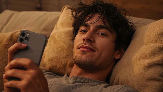 Relaxing young man reclining on beige couch using smartphone under warm ambient lighting