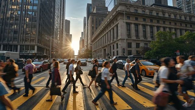 Commuters crossing downtown street at sunset on wide yellow crosswalk in busy city