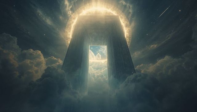 Monolith gateway rising through clouds revealing glowing rectangular astral portal