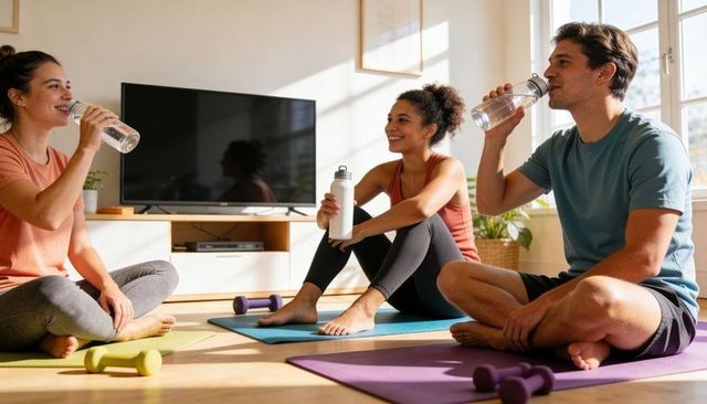 Three friends cooling down and hydrating after home yoga and fitness session on mats