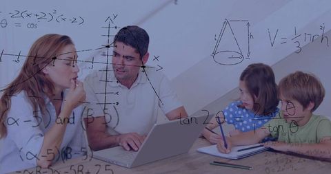 Homeschool family studying math together at table with laptop and notebooks