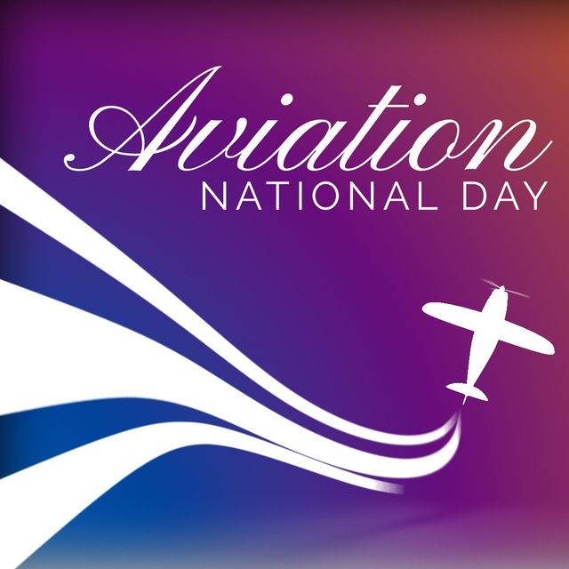 Illustration of flying airplane and aviation national day text over purple background, copy space. Vector, aircraft, transportation, patriotism, celebration and awareness concept.