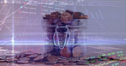 Digital Finance Landscape with Coin Jar and Market Stats Overlay