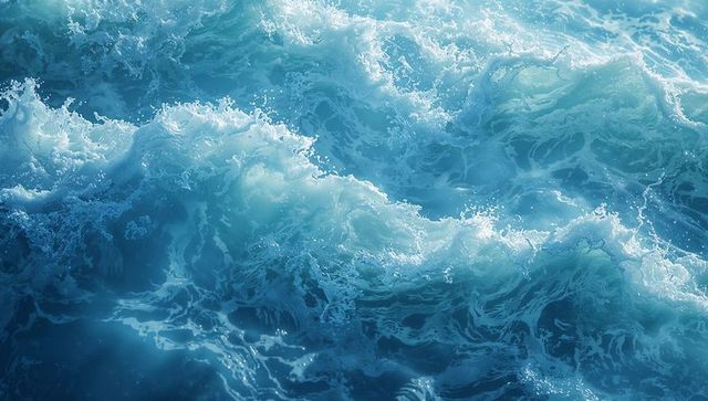 Sunlit Rolling Teal Waves Breaking with White Foam and Sea Spray