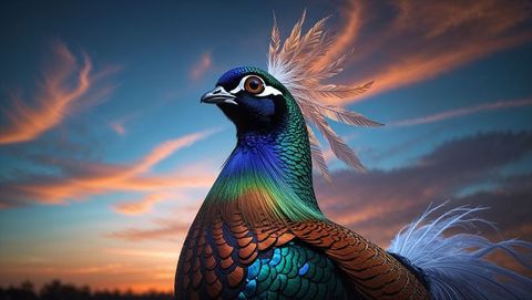 Spectacular peacock-like bird animal with vibrant plumage at sunset