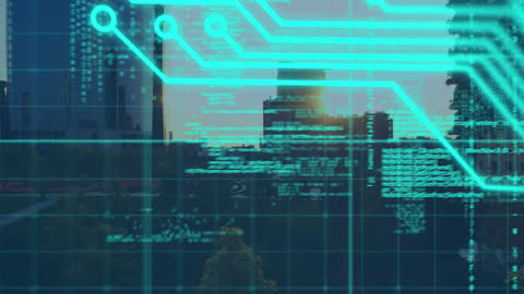 Futuristic Cityscape with Digital Circuit Interface Overlay
