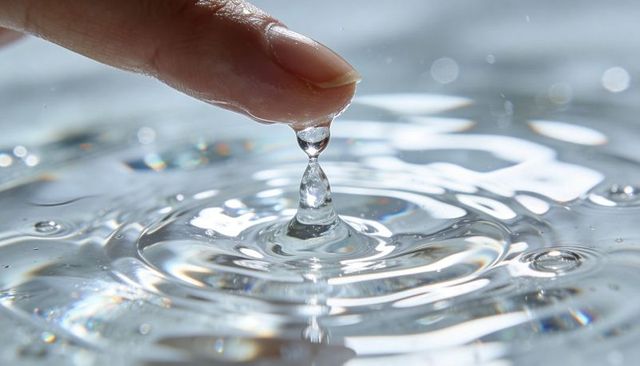 Fingertip touching suspended water droplet creating concentric ripples and reflections