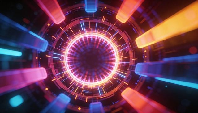 Pulsing neon vortex core radiating futuristic cybernetic circuit rings and radial lines
