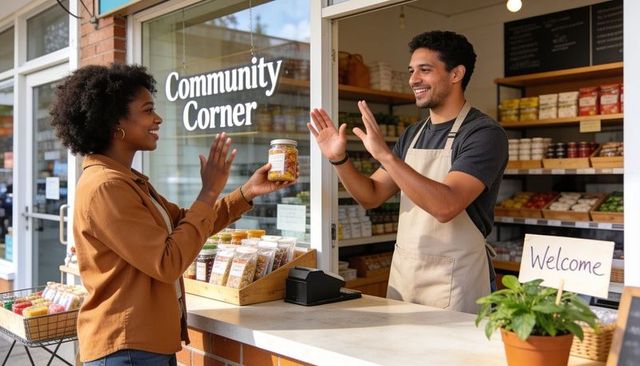 Community corner shopkeeper handing jar to smiling woman customer at market window