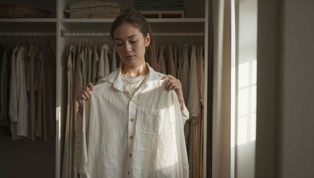 Woman holding cream button-up shirt deciding outfit in serene neutral wardrobe sunlight