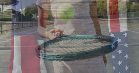 Tennis Training with USA Flag Overlay at Outdoor Court
