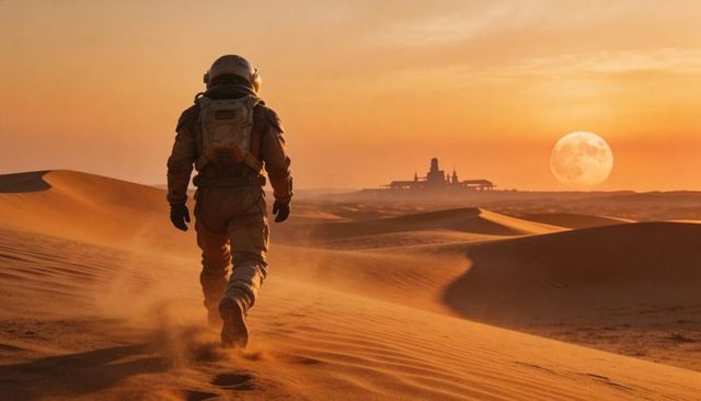 Helmeted astronaut walking across orange sand dunes toward distant outpost at sunset