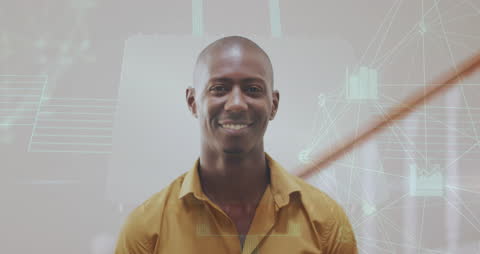 Smiling Man Interacting with Futuristic Digital Interface