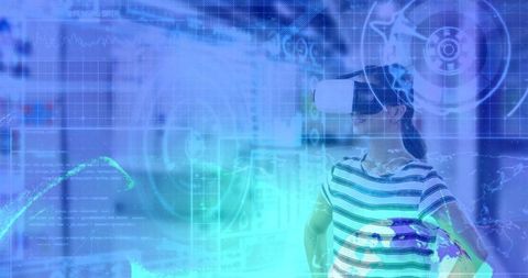 Woman Wearing VR Headset Amidst Holographic Data Visuals