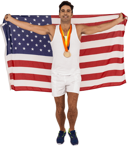 male athlete posing with american flag and gold medals transparent - Download Free Stock Videos Pikwizard.com