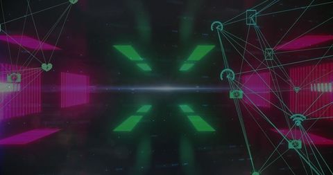 Digital Interface with Spinning Icons and Financial Data Visuals