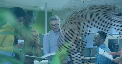 Diverse Team Collaborating in Modern Office with Global Theme