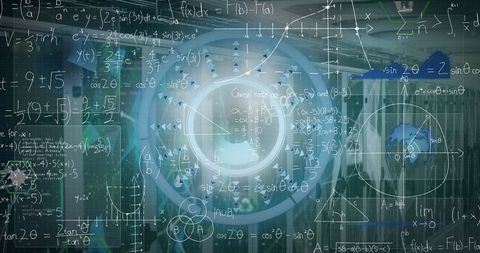 Futuristic Interface with Math and Physics Formulas in Data Center