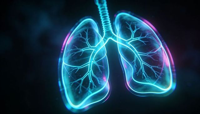 Neon Lungs Illustration Showing Trachea and Bronchial Tree in Futuristic Medical Design