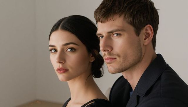 Sophisticated couple posing in minimal studio portrait with neutral tones and calm mood