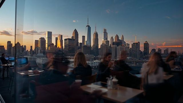 Manhattan skyline glowing at dusk through rooftop lounge glass with cityscape reflections