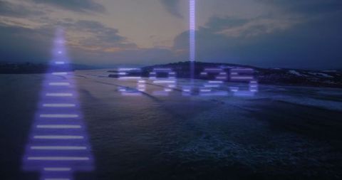 Futuristic holographic displays over fjord landscape at dusk