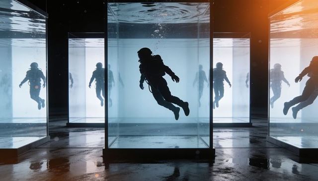 Floating diver in backlit glass tanks, futuristic underwater laboratory installation