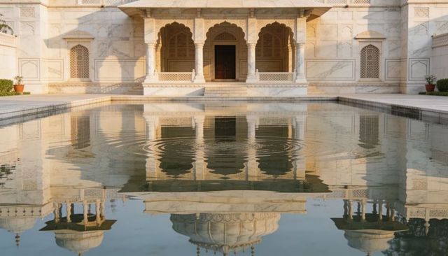Sunlit white marble palace reflecting in courtyard pool with scalloped arches and ripples
