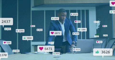 Executive analyzing social media engagement with floating analytics icons in boardroom