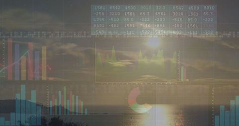 Digital Data Visualization Overlay on Serene Ocean Sunset