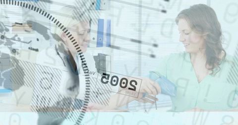 Measuring blood pressure in clinic with digital data overlay conveying modern monitoring