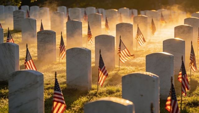 Sunlit marble headstones lining veterans cemetery with american flags at golden hour