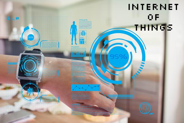 Futuristic smartwatch with IoT icons and digital interface projections on hand in a modern kitchen. Useful for technology presentations, IoT products, wearable tech advancements, and future tech concepts.